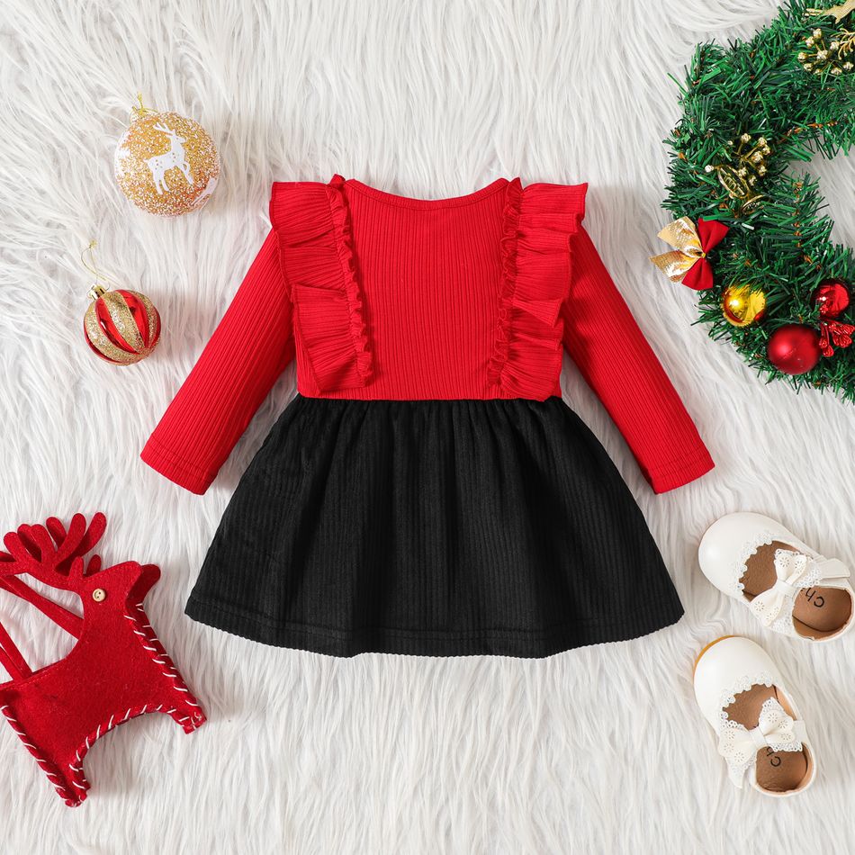 Christmas Baby Girl Reindeer & Letter Print Ribbed Long-sleeve Ruffle Bow Spliced Dress redblack big image 2