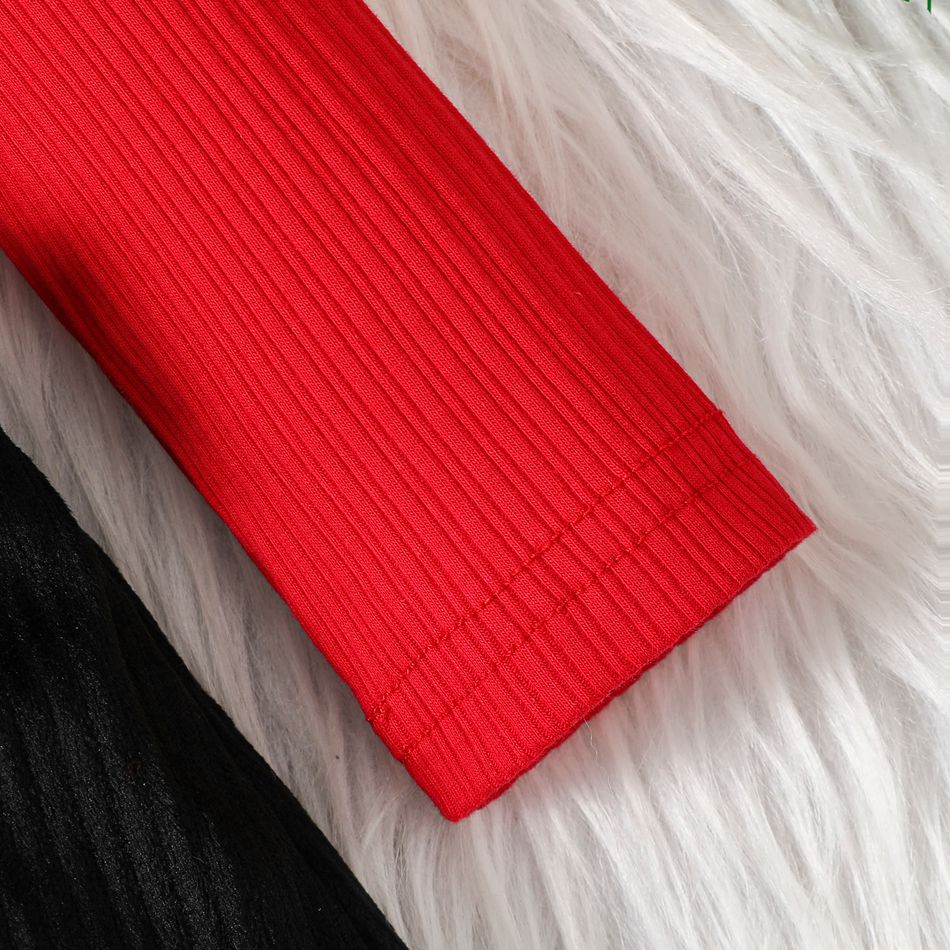 Christmas Baby Girl Reindeer & Letter Print Ribbed Long-sleeve Ruffle Bow Spliced Dress redblack big image 4