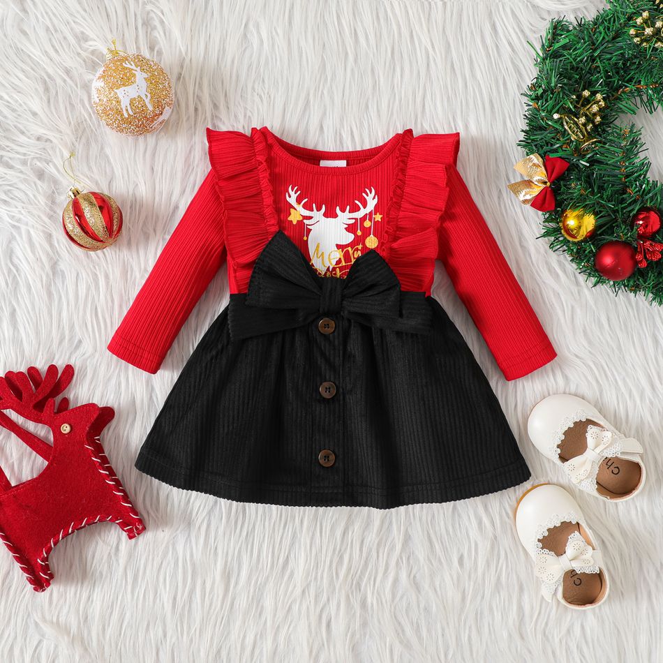 Christmas Baby Girl Reindeer & Letter Print Ribbed Long-sleeve Ruffle Bow Spliced Dress redblack