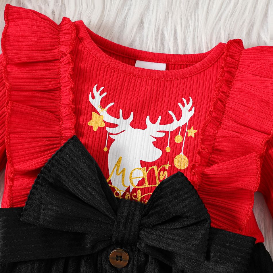 Christmas Baby Girl Reindeer & Letter Print Ribbed Long-sleeve Ruffle Bow Spliced Dress redblack big image 3