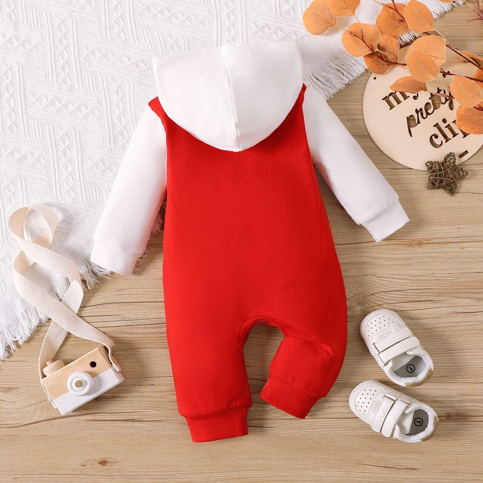 Baby Boy/Girl Letter Print Colorblock Hooded Long-sleeve Zipper Jumpsuit Red big image 2