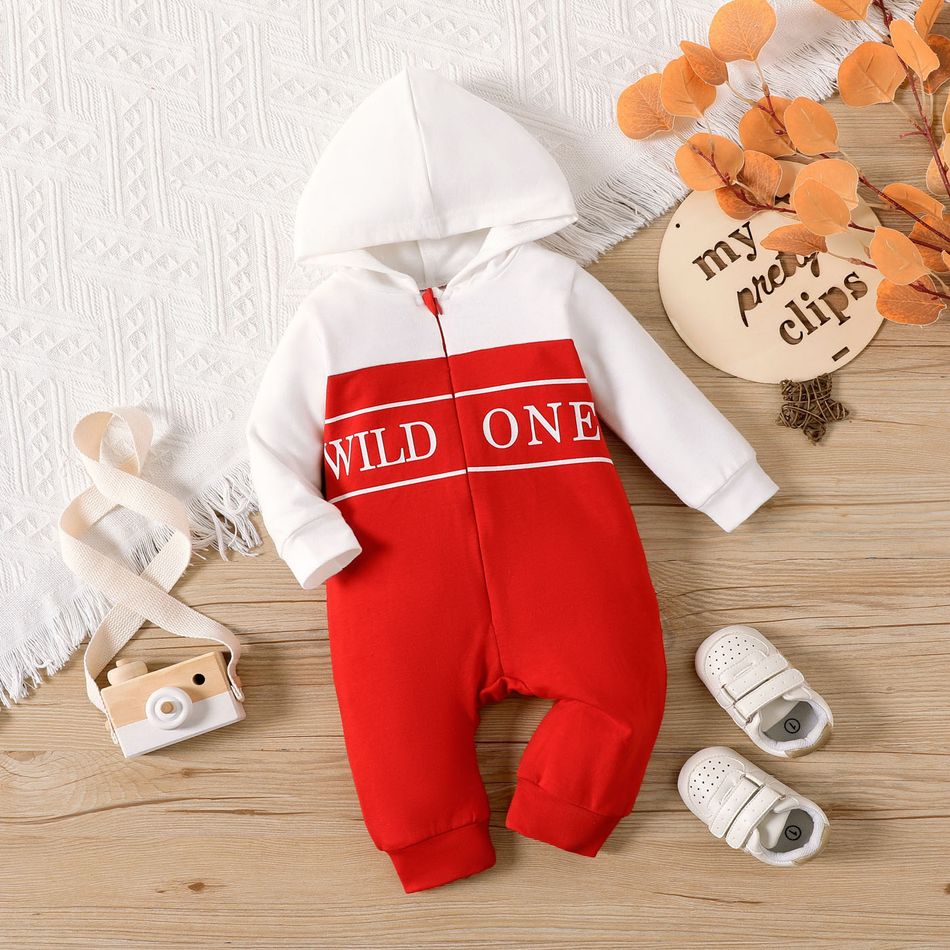 Baby Boy/Girl Letter Print Colorblock Hooded Long-sleeve Zipper Jumpsuit Red big image 1