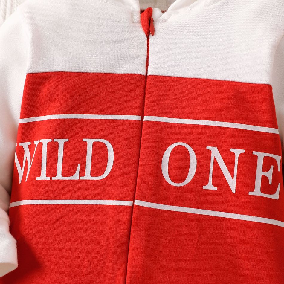Baby Boy/Girl Letter Print Colorblock Hooded Long-sleeve Zipper Jumpsuit Red big image 4