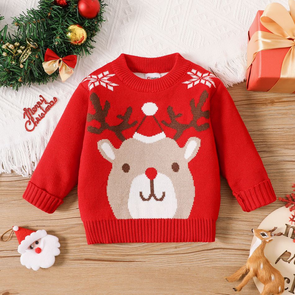 Christmas Baby Boy/Girl Reindeer Graphic Red Knitted Sweater Color-B big image 1