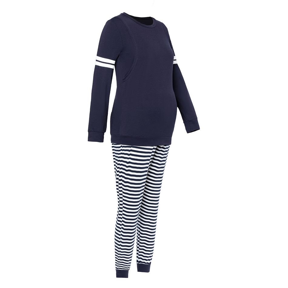 Nursing Contrast Striped Long-sleeve Top & Stripe Pants Pajamas Lounge Set Dark Blue big image 3