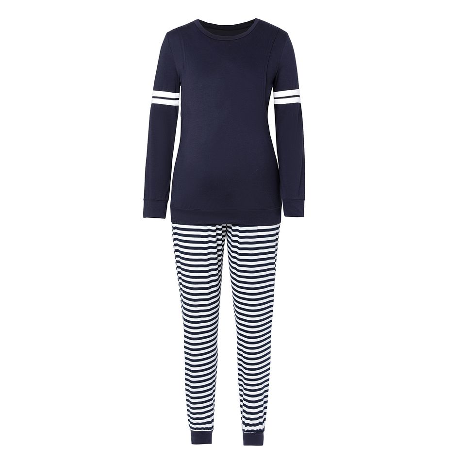 Nursing Contrast Striped Long-sleeve Top & Stripe Pants Pajamas Lounge Set Dark Blue
