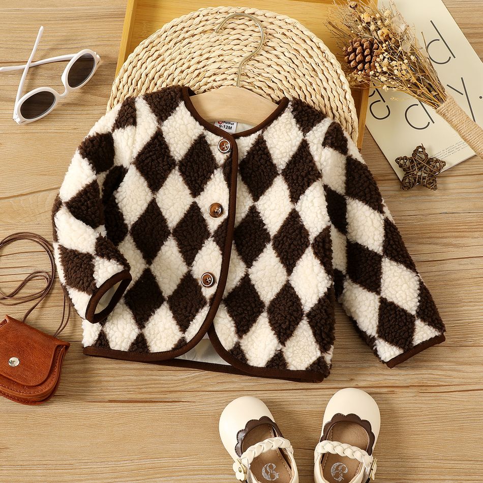 Baby Girl Argyle Pattern Thermal Sherpa Fleece Jacket Dark Brown