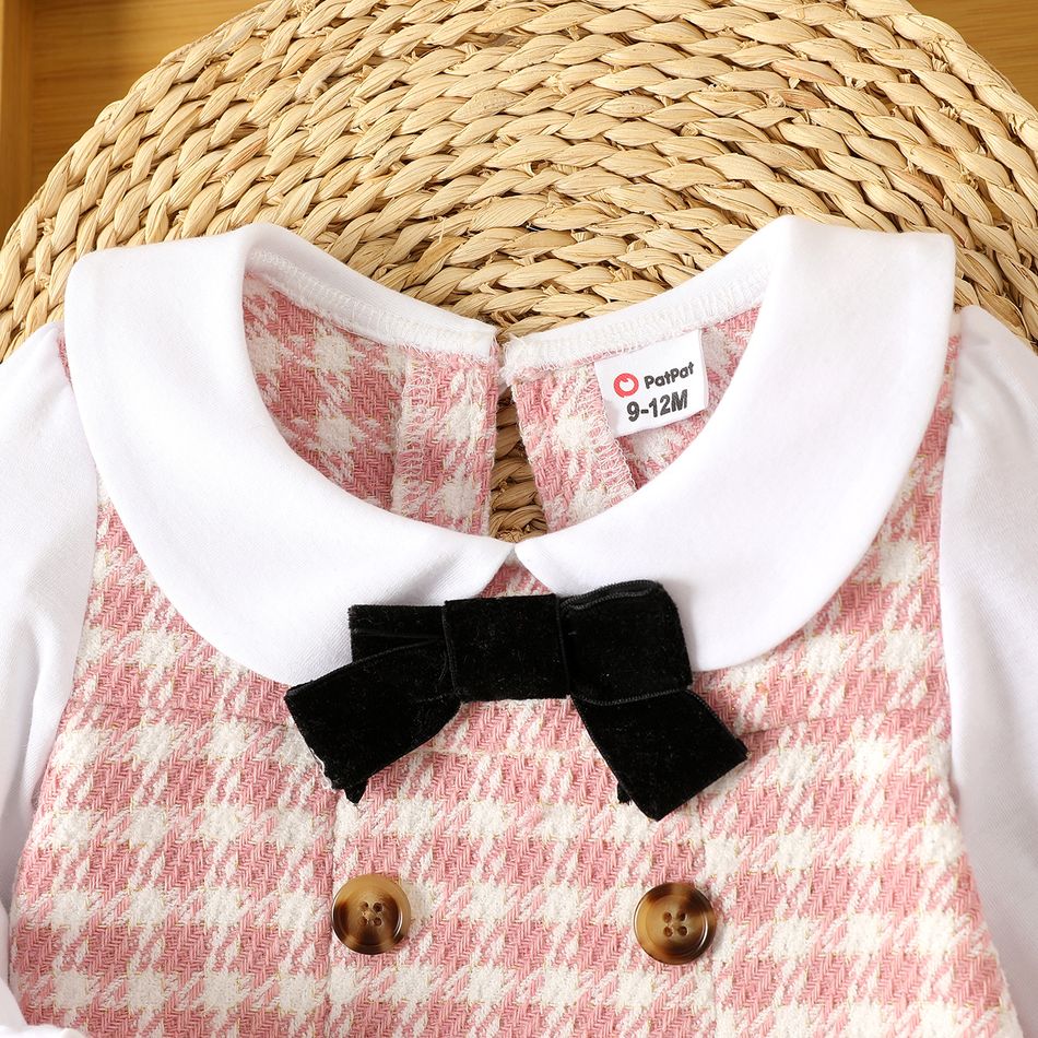 Baby Girl Peter Pan Collar Long-sleeve Double Breasted Pink Houndstooth Dress Pink big image 3