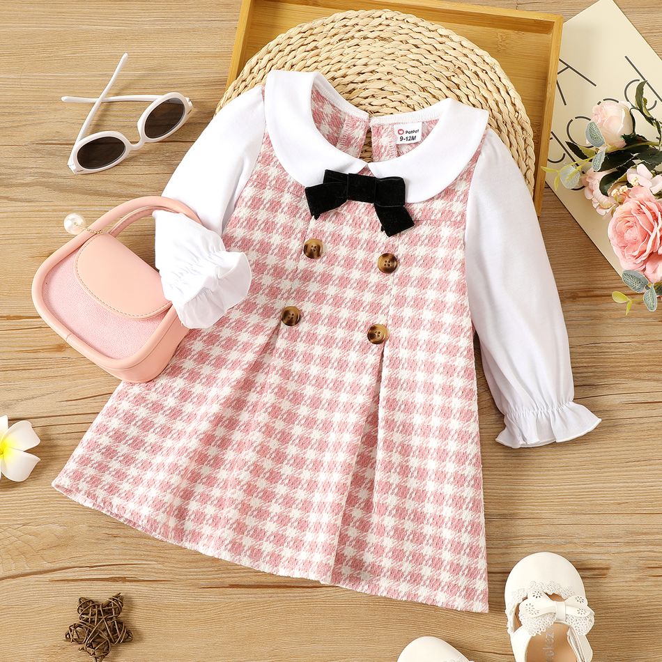 Baby Girl Peter Pan Collar Long-sleeve Double Breasted Pink Houndstooth Dress Pink big image 1