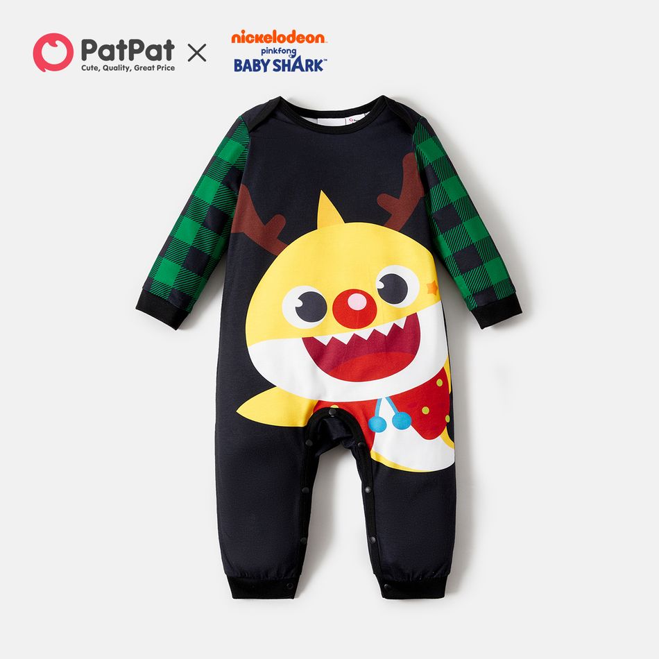 Baby Shark Family Matching Cartoon Shark Print Christmas Plaid Long-sleeve Pajamas Sets (Flame Resistant) Black big image 2