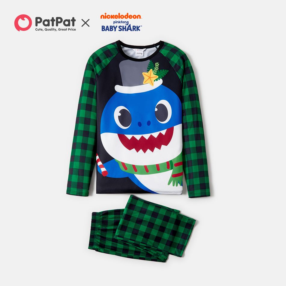 Baby Shark Family Matching Cartoon Shark Print Christmas Plaid Long-sleeve Pajamas Sets (Flame Resistant) Black big image 1