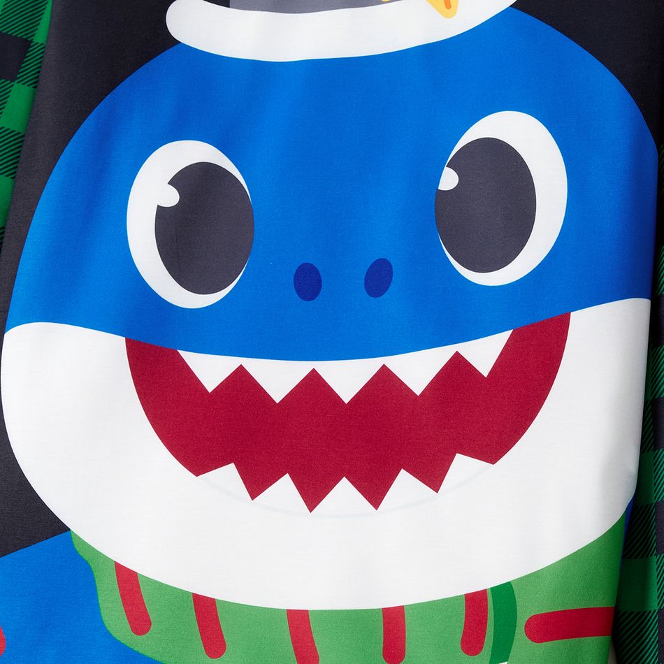 Baby Shark Family Matching Cartoon Shark Print Christmas Plaid Long-sleeve Pajamas Sets (Flame Resistant) Black big image 4
