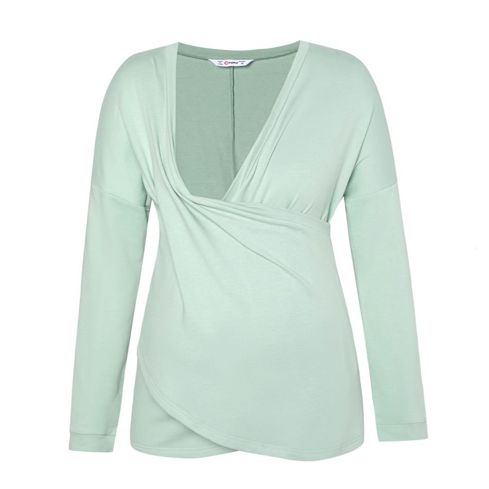 Maternity Minimalist Solid Criss Cross Front Long-sleeve Nursing Top & Sweatpants Set Light Green big image 4