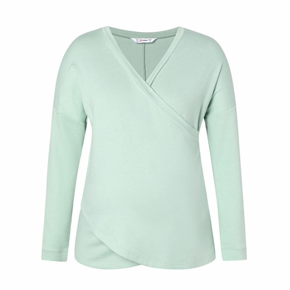 Maternity Minimalist Solid Criss Cross Front Long-sleeve Nursing Top & Sweatpants Set Light Green big image 2