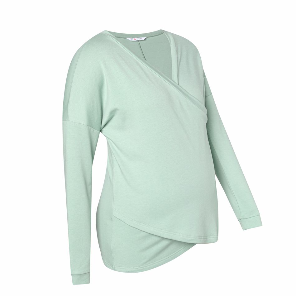 Maternity Minimalist Solid Criss Cross Front Long-sleeve Nursing Top & Sweatpants Set Light Green big image 3