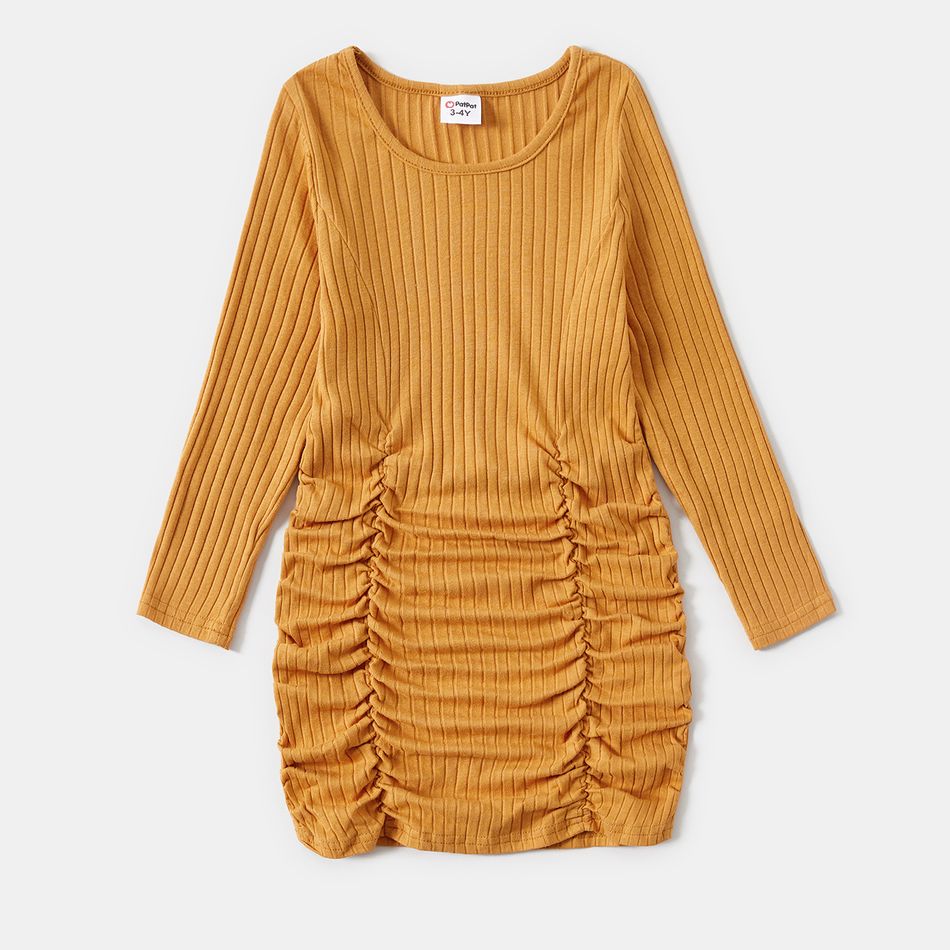 Mommy and Me 95% Cotton Rib Knit Long-sleeve Drawstring Ruched Bodycon Dress Yellow big image 3