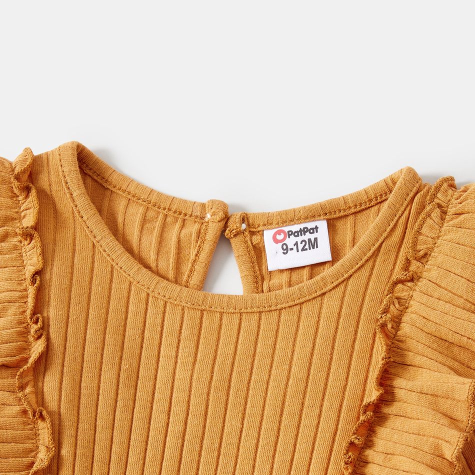 Mommy and Me 95% Cotton Rib Knit Long-sleeve Drawstring Ruched Bodycon Dress Yellow big image 4
