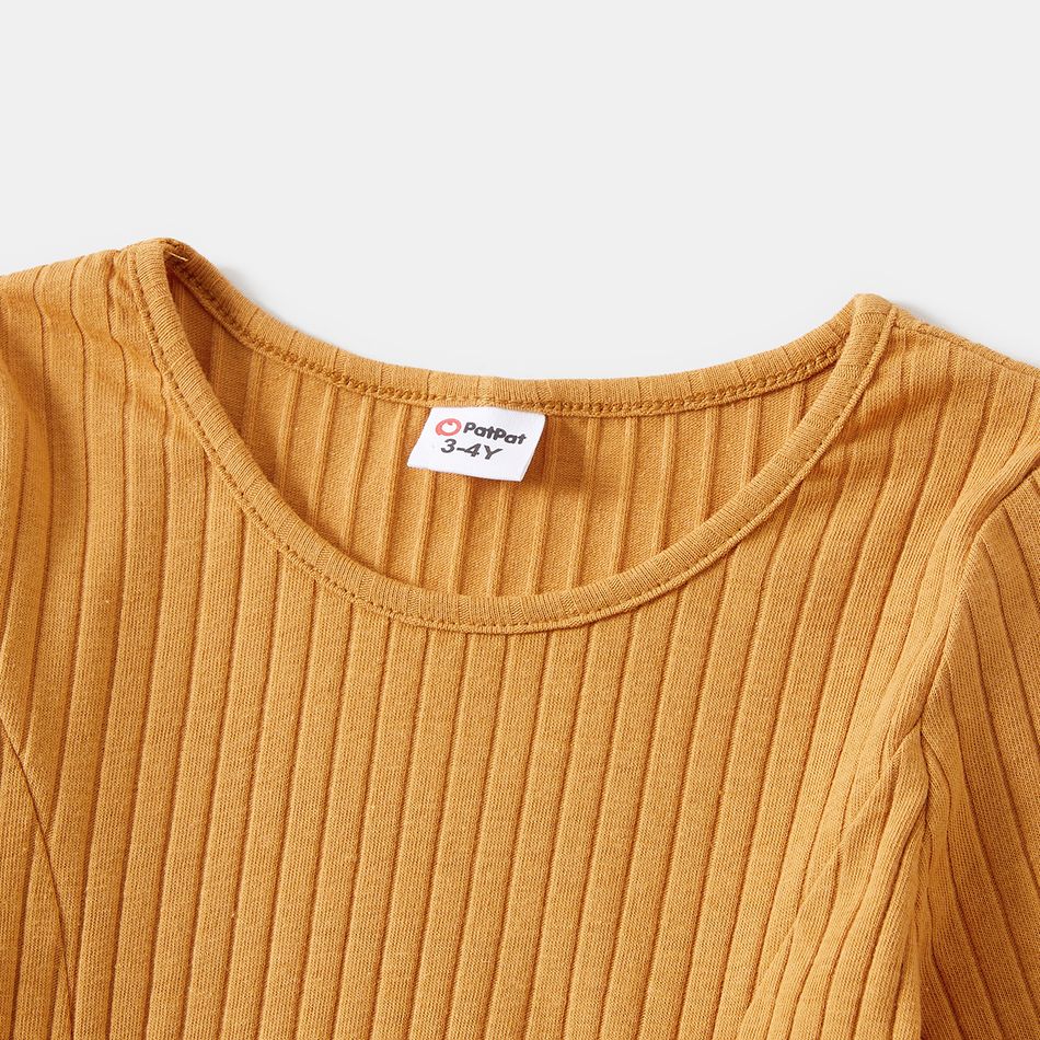 Mommy and Me 95% Cotton Rib Knit Long-sleeve Drawstring Ruched Bodycon Dress Yellow big image 12