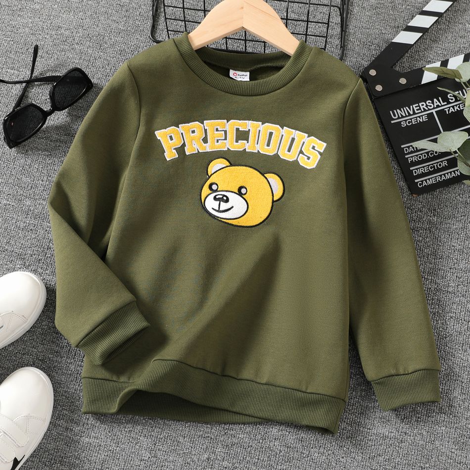 Kid Boy Letter Bear Embroidered Fleece Lined Pullover Sweatshirt Army green big image 1
