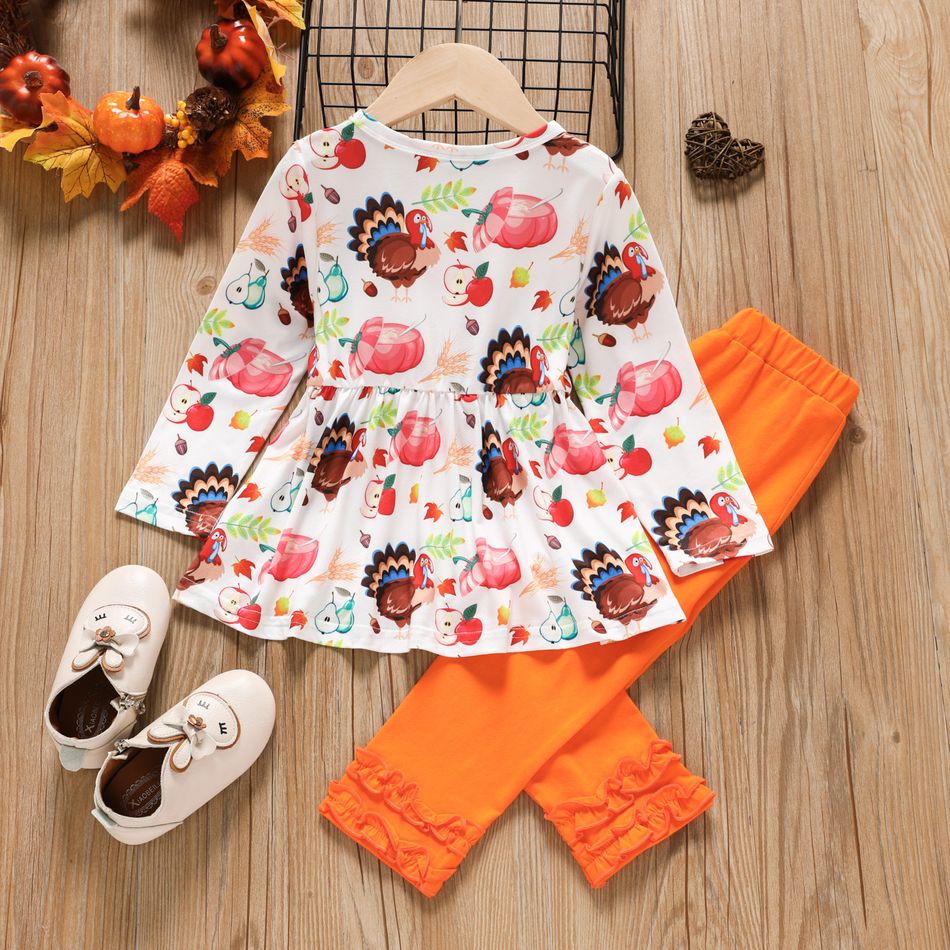2pcs Toddler Girl Thanksgiving Graphic Tee and Cotton Ruffled Cuff Leggings Set orangewhite big image 2