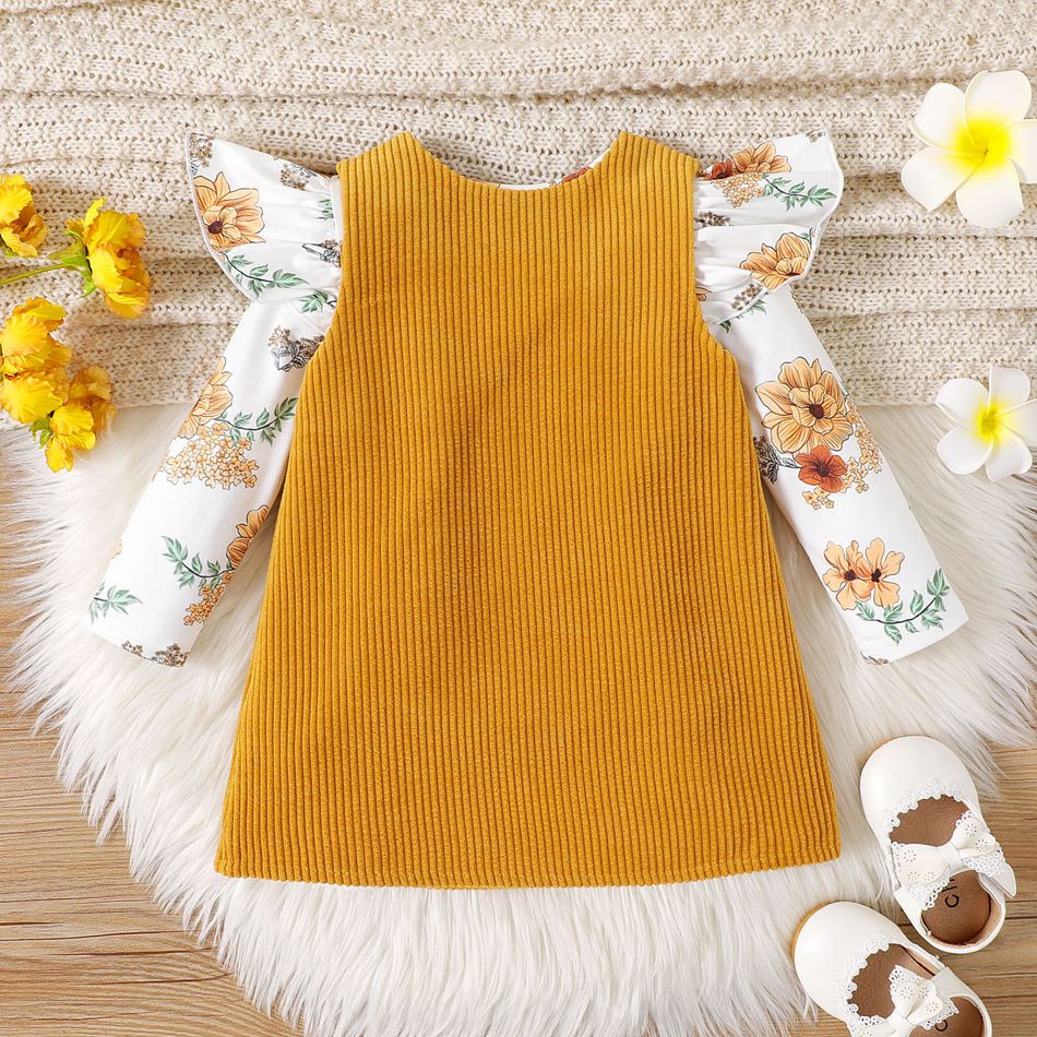 2pcs Baby Girl Allover Floral Print Ruffle Long-sleeve Top and Solid Corduroy Overall Dress Set yellowwhite big image 3