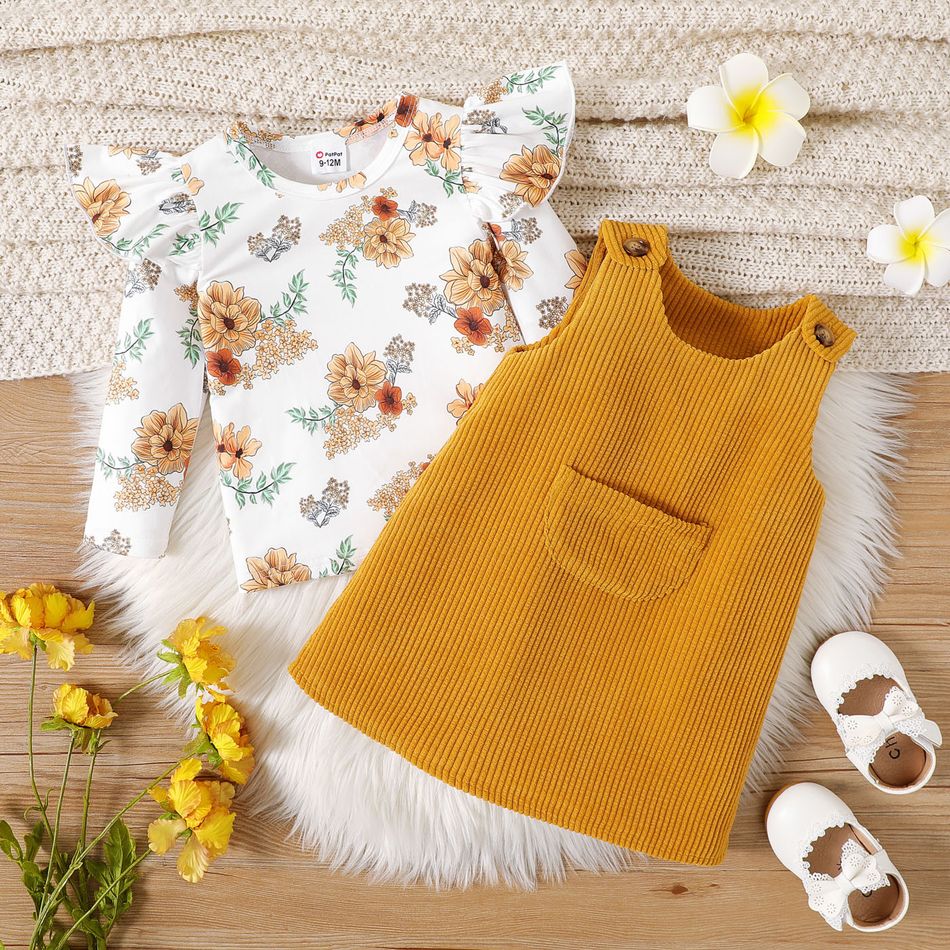 2pcs Baby Girl Allover Floral Print Ruffle Long-sleeve Top and Solid Corduroy Overall Dress Set yellowwhite