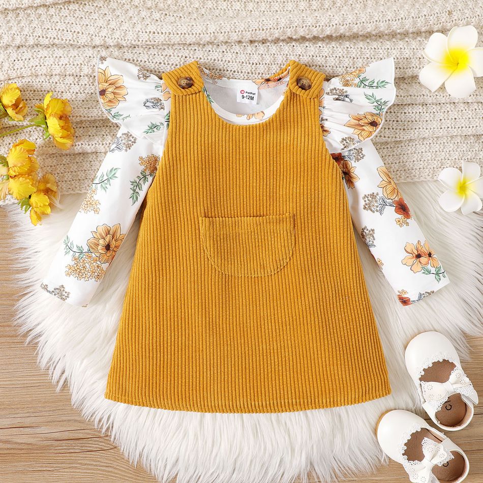 2pcs Baby Girl Allover Floral Print Ruffle Long-sleeve Top and Solid Corduroy Overall Dress Set yellowwhite big image 2