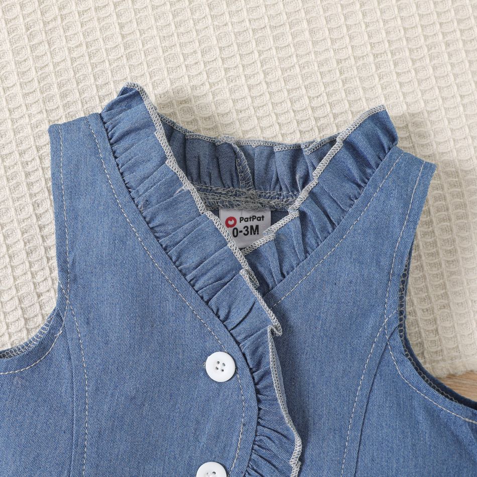 3-Pack Baby Girl Solid Rib Knit Long-sleeve Romper and Imitation Denim Frill Trim Vest with Skirt Set Blue big image 4