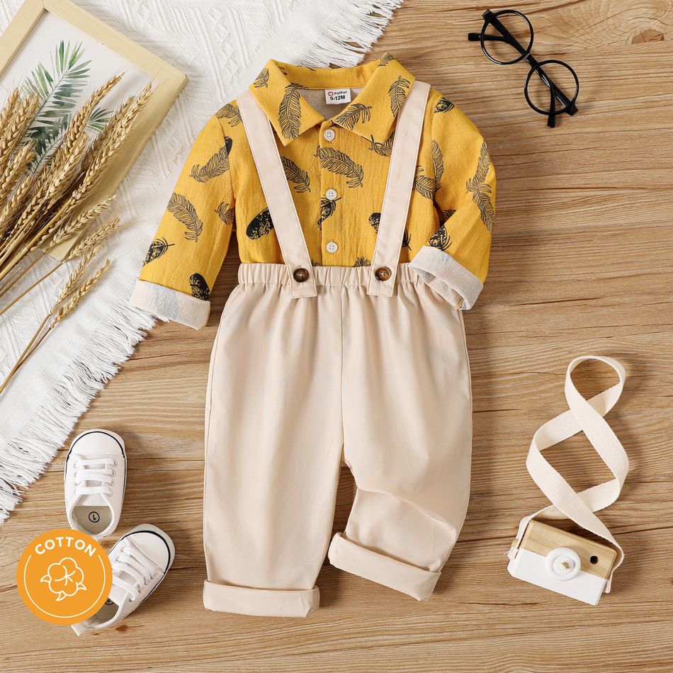 2pcs Baby Boy 100% Cotton Long-sleeve Allover Feather Print Button Up Shirt and Solid Suspender Pants Set Ginger-2 big image 1