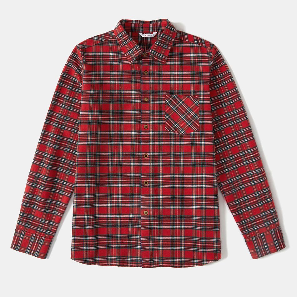 Christmas Family Matching Red Plaid Spliced Mesh Tank Dresses and Long-sleeve Shirts Sets Red big image 9