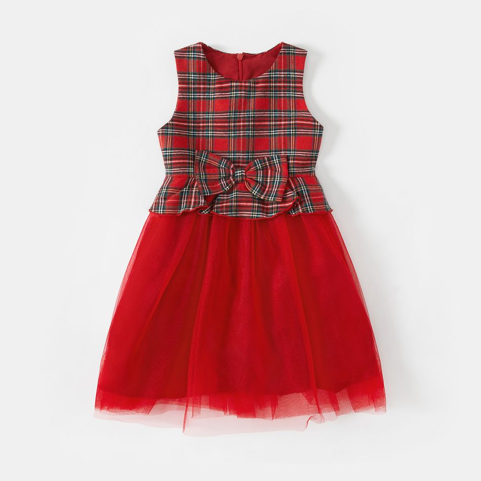 Christmas Family Matching Red Plaid Spliced Mesh Tank Dresses and Long-sleeve Shirts Sets Red big image 4