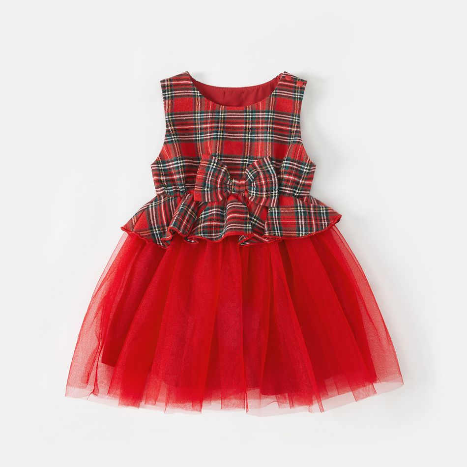 Christmas Family Matching Red Plaid Spliced Mesh Tank Dresses and Long-sleeve Shirts Sets Red big image 8