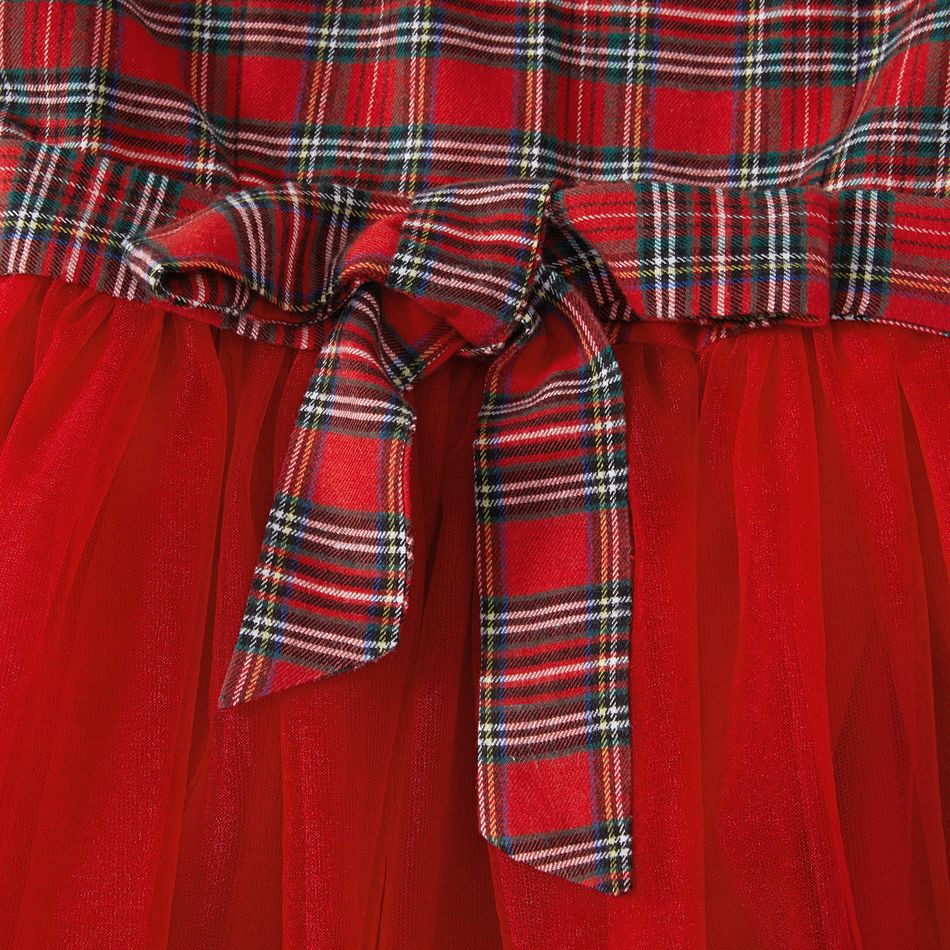 Christmas Family Matching Red Plaid Spliced Mesh Tank Dresses and Long-sleeve Shirts Sets Red big image 3