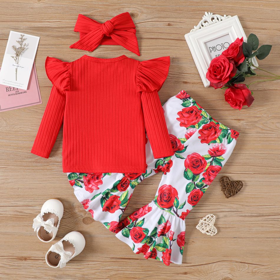 3pcs Baby Girl Red Ribbed Ruffle Long-sleeve Top and Allover Floral Print Flared Pants with Headband Set REDWHITE big image 2