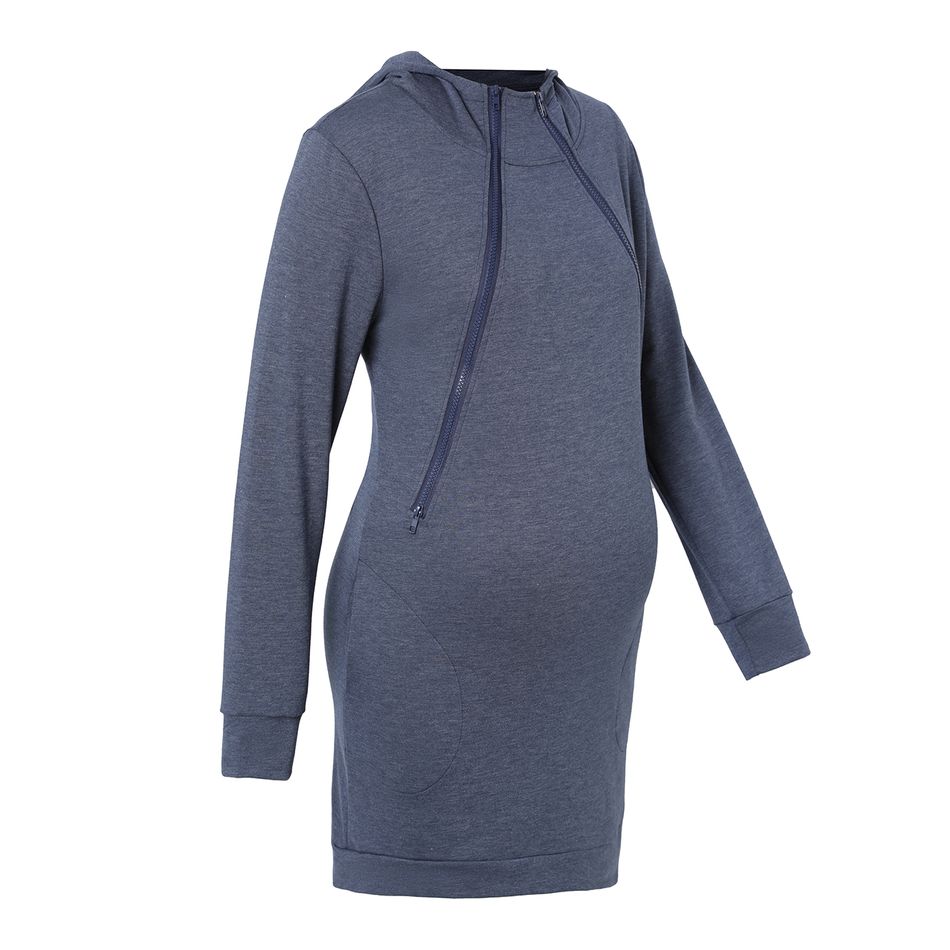 Nursing Minimalist Solid Long-sleeve Zip Up Drawstring Hooded Dress Deep Blue
