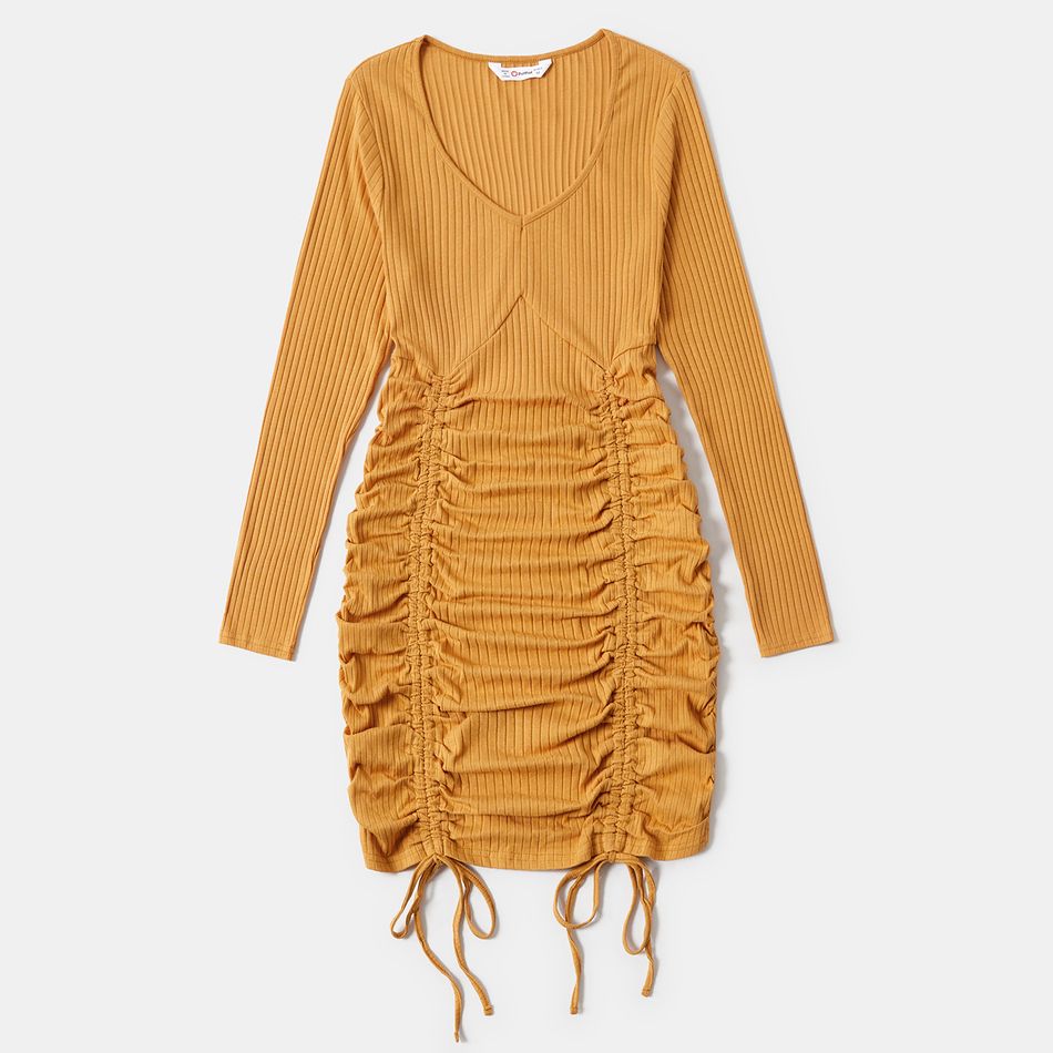 Mommy and Me 95% Cotton Rib Knit Long-sleeve Drawstring Ruched Bodycon Dress Yellow big image 8