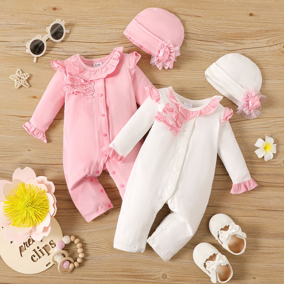 2pcs Baby Girl 95% Cotton Long-sleeve Layered Frill Trim Button Front Jumpsuit with Hat Set White big image 2