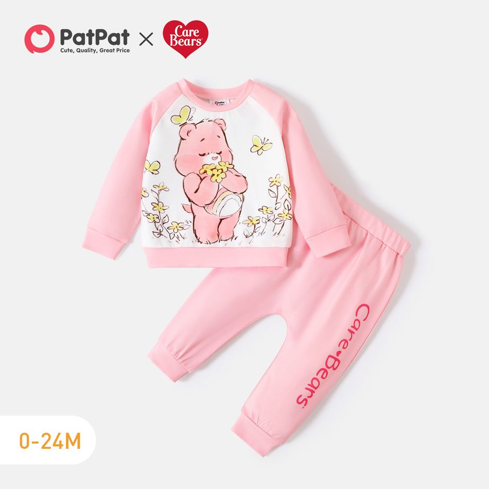 Care Bears 2pcs Baby Boy/Girl Bear & Letter Print Raglan-sleeve Sweatshirt and Sweatpants Set Pink