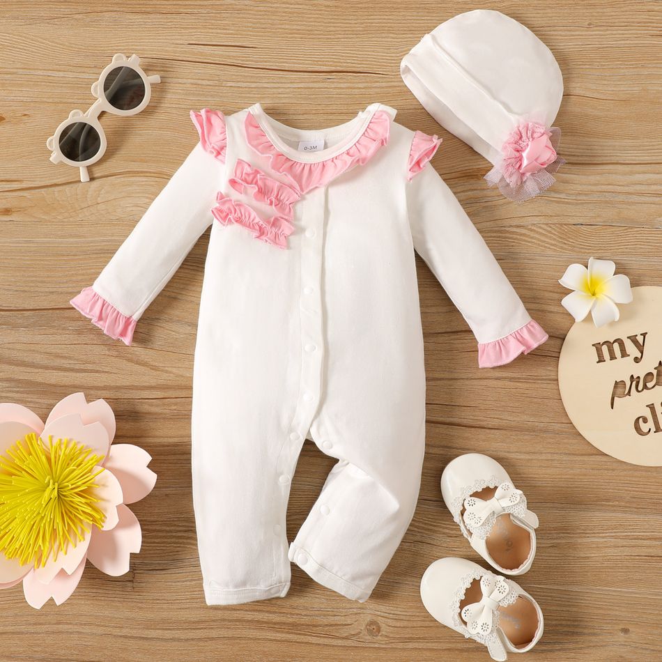 2pcs Baby Girl 95% Cotton Long-sleeve Layered Frill Trim Button Front Jumpsuit with Hat Set White big image 1
