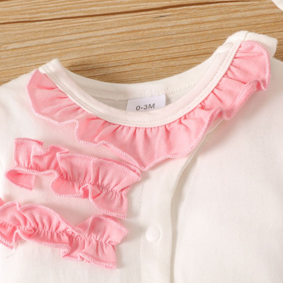 2pcs Baby Girl 95% Cotton Long-sleeve Layered Frill Trim Button Front Jumpsuit with Hat Set White big image 4