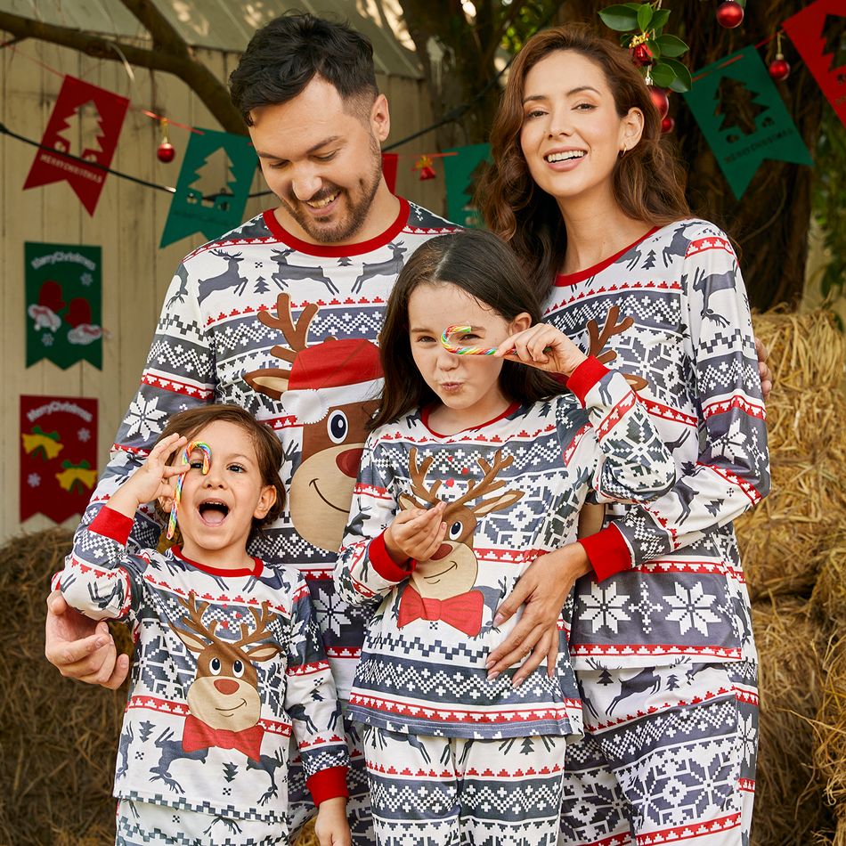 Christmas Family Matching Reindeer Graphic Allover Print Grey Long-sleeve Pajamas Sets (Flame Resistant) Grey big image 3
