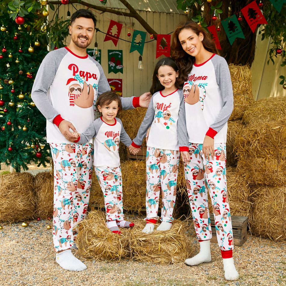 Christmas Family Matching Sloth & Letter Print Raglan-sleeve Pajamas Sets (Flame Resistant) ColorBlock