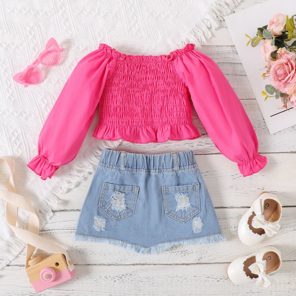 2pcs Baby Girl 95% Cotton Ripped Denim Skirt and Off Shoulder Long-sleeve Shirred Top Set Roseo