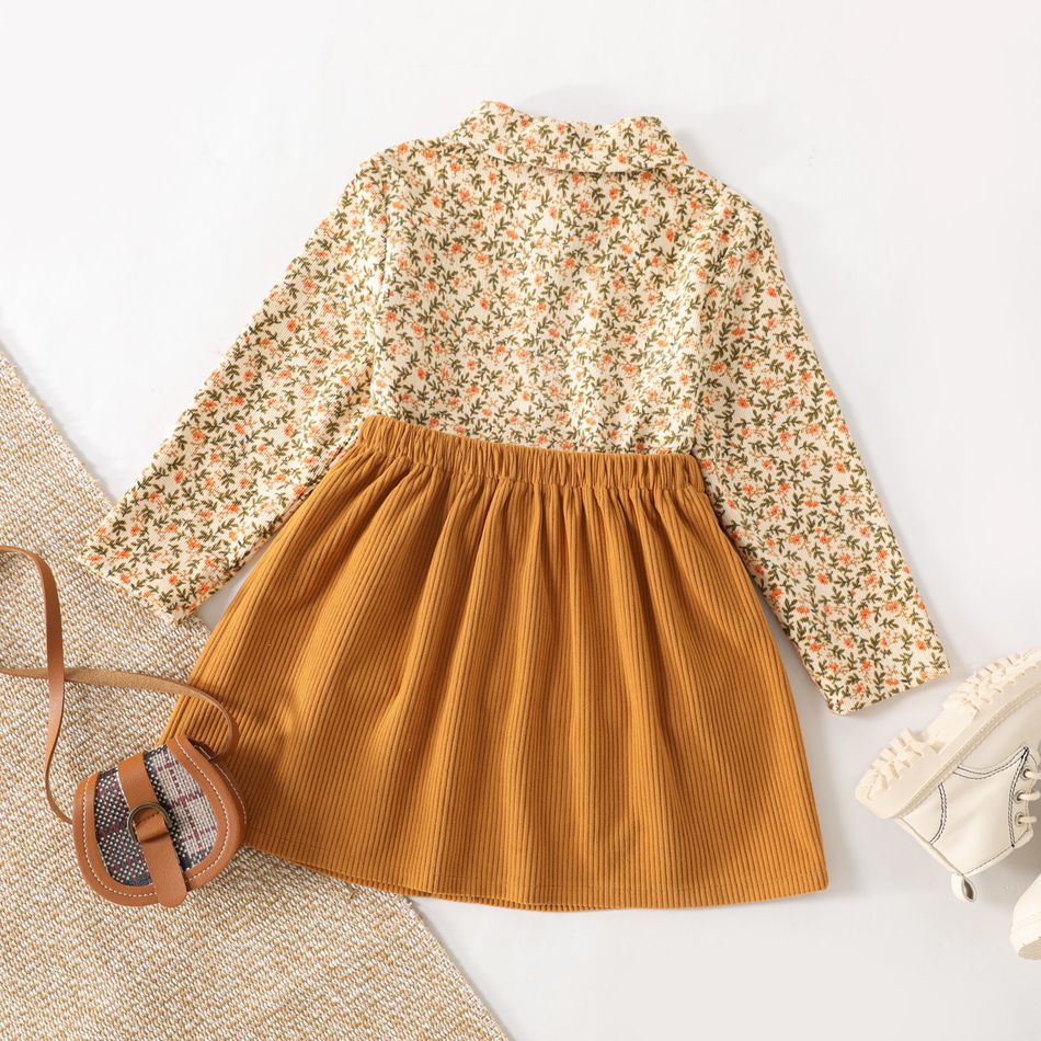 2pcs Toddler Girl Floral Print Lapel Collar Corduroy Shirt and Button Design Skirt Set Ginger-2 big image 2