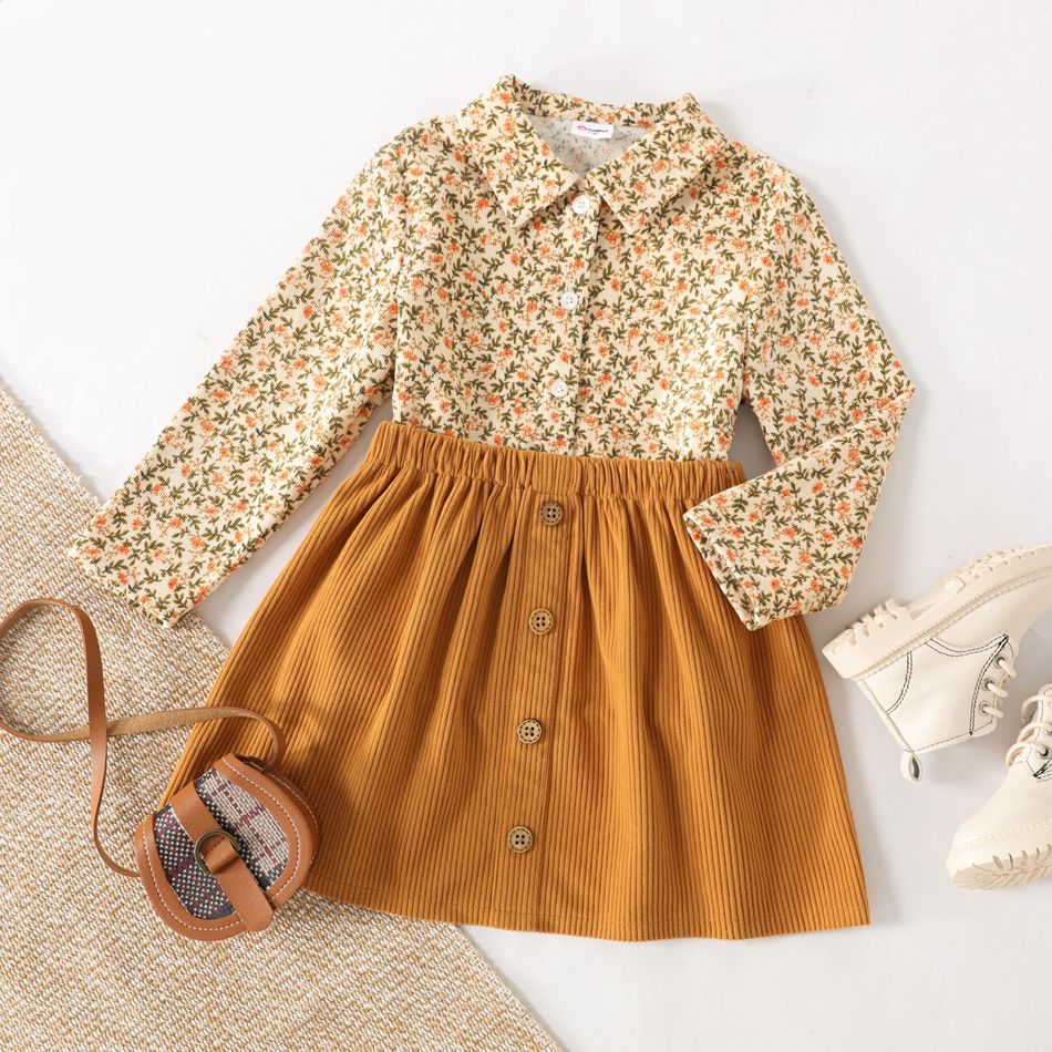 2pcs Toddler Girl Floral Print Lapel Collar Corduroy Shirt and Button Design Skirt Set Ginger-2