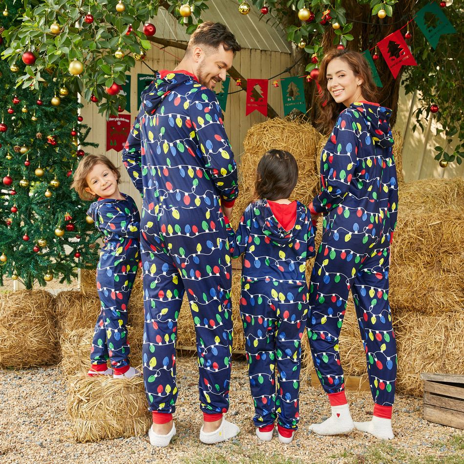 Christmas Family Matching Allover Colorful String Lights Print Zipper Long-sleeve Hooded Onesies Pajamas (Flame Resistant) Multi-color big image 4