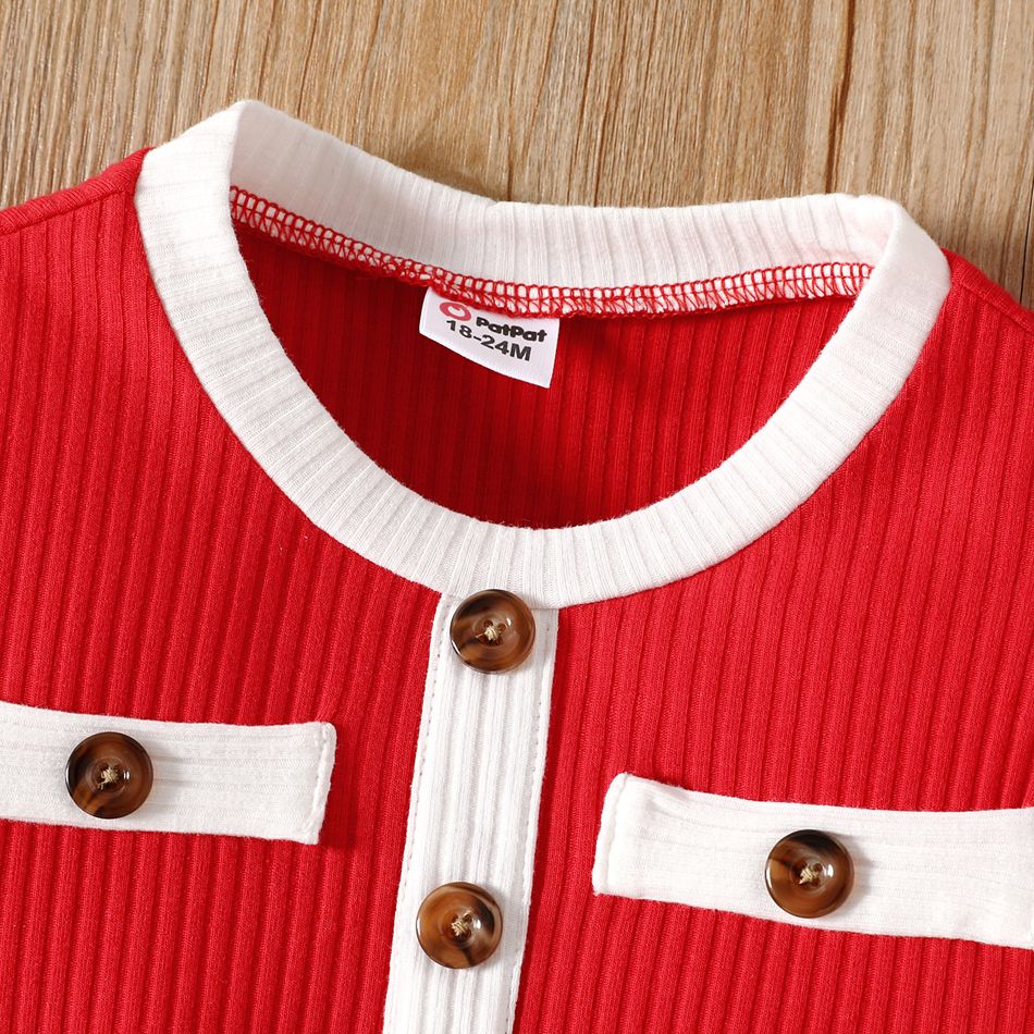 Toddler Girl Christmas Sweet Colorblock Button Design Cotton Long-sleeve Dress REDWHITE big image 3