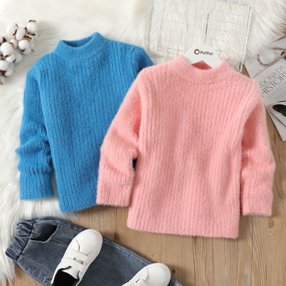 Kid Girl Solid Color Mock Neck Fluffy Mohair Sweater Pink big image 2