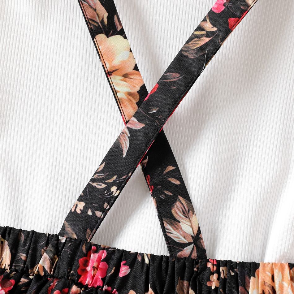 2pcs Kid Girl Ribbed Long-sleeve Tee and Floral Print Suspender Skirt Set White big image 3