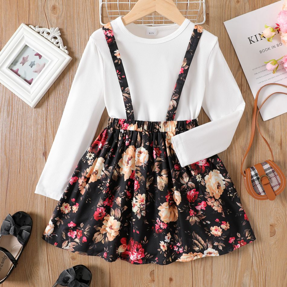 2pcs Kid Girl Ribbed Long-sleeve Tee and Floral Print Suspender Skirt Set White big image 1